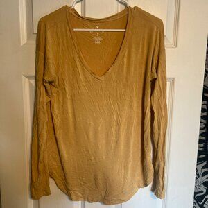 American Eagle Women’s Long Sleeve Tee,  Faded Mustard Yellow, Size Medium
